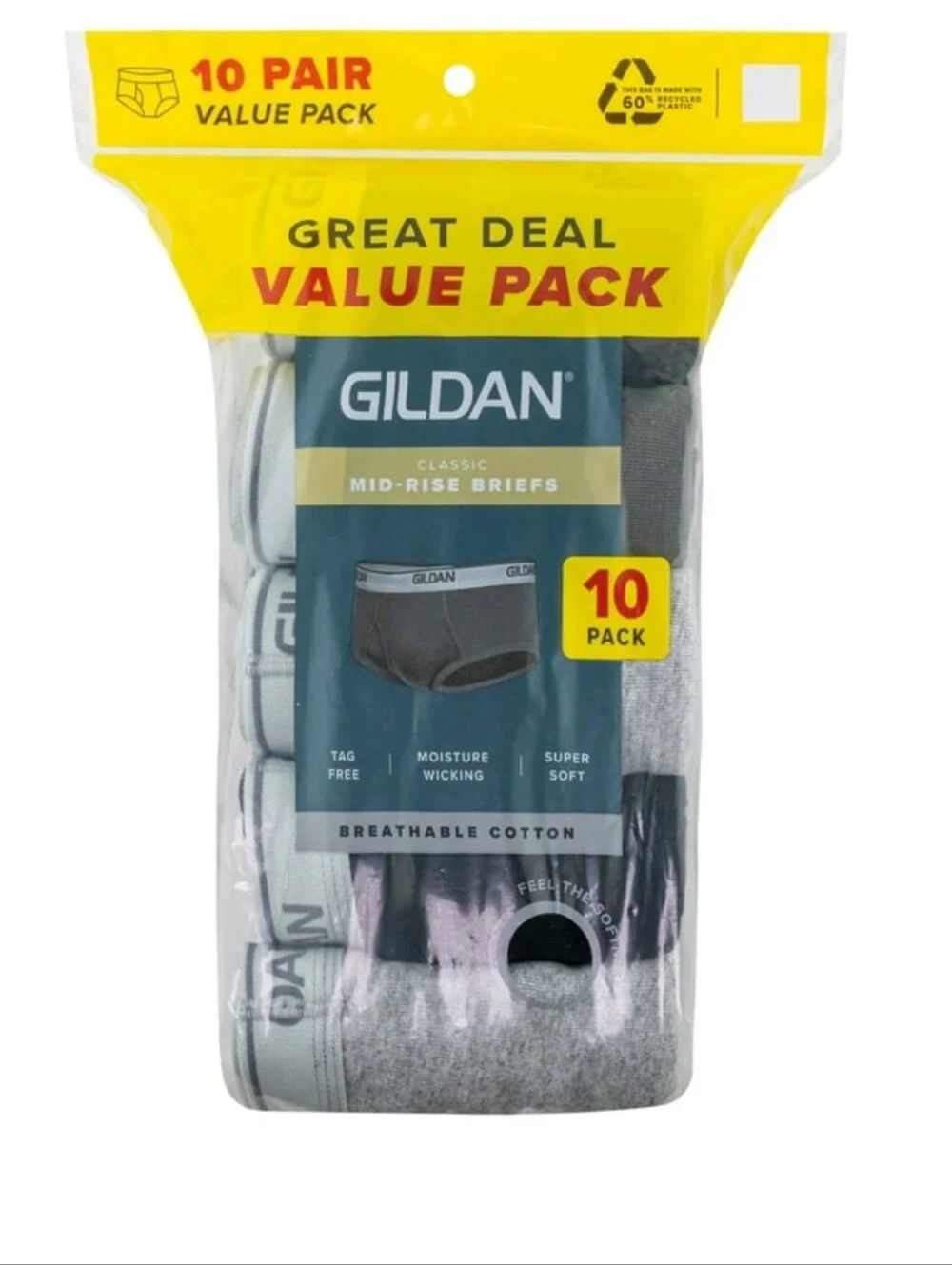 Gildan Men’s Mid-Rise Briefs 10-Pack - Gray and White Size 2XL (44-46)